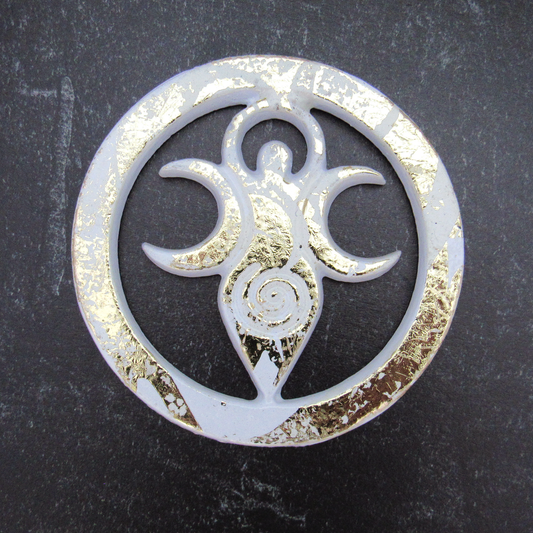 Triple Moon Goddess Altar Tile (White with Gold)