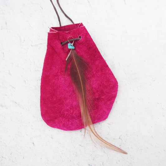 Dark Pink Leather Pouch with Cord