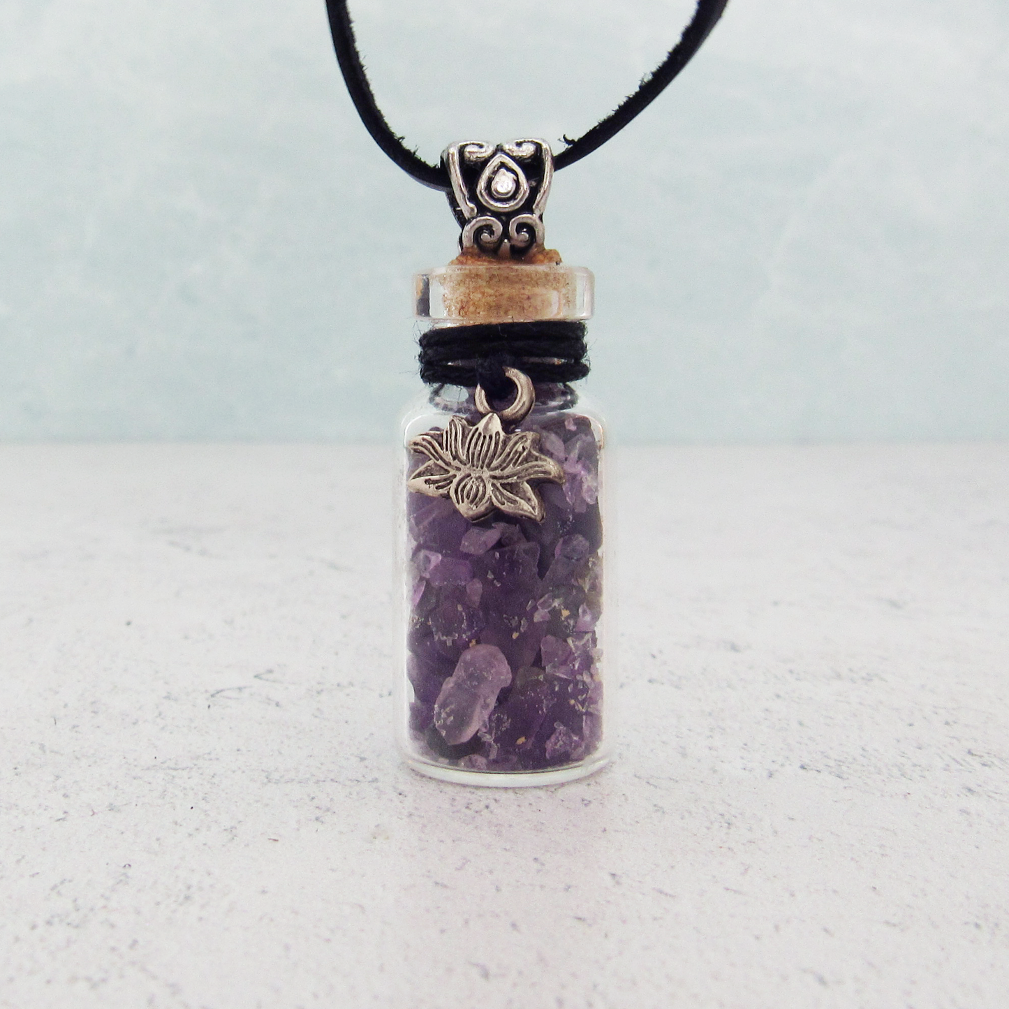 Gemstone Bottle Necklace (Amethyst with Lotus Charm)