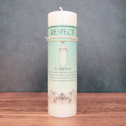 Respect Pillar Candle with Clear Quartz Pendant