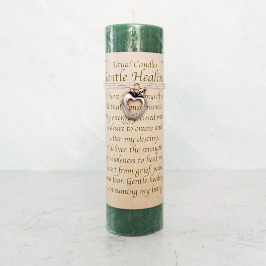 Gentle Healing Pillar Candle with Pewter Pendant