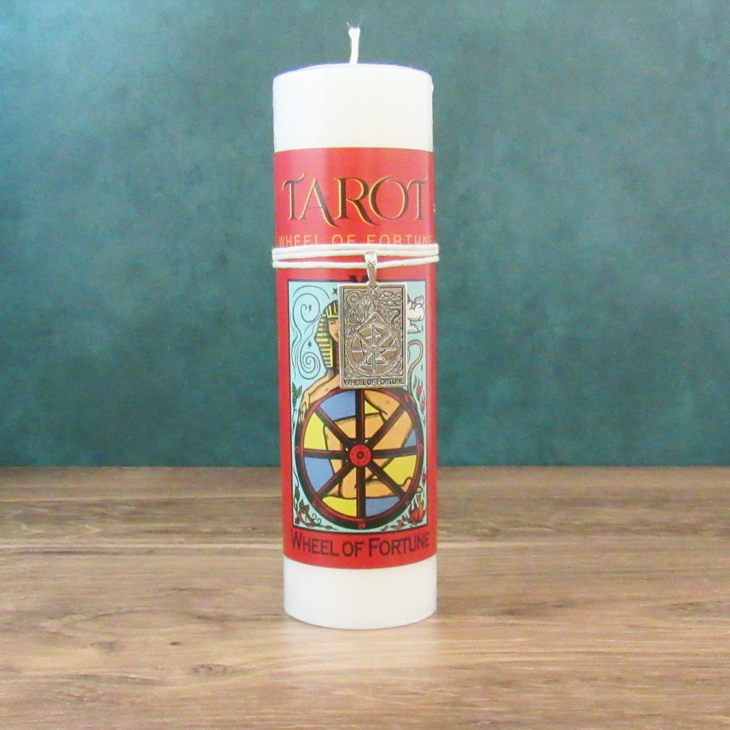 The Wheel of Fortune Tarot Pillar Candle with Pewter Pendant