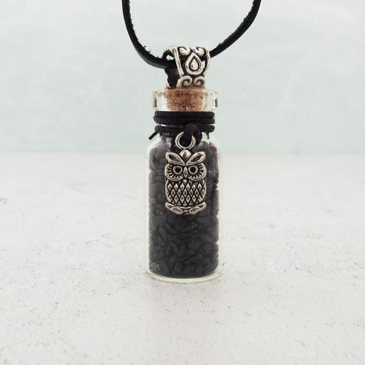 Gemstone Bottle Necklace (Black Tourmaline with Owl Charm)