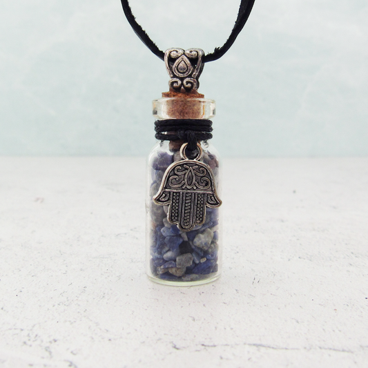 Gemstone Bottle Necklace (Lapis Lazuli with Hamsa)