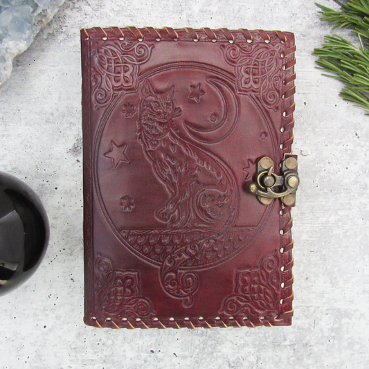 Cat and Moon Leather Journal with Latch