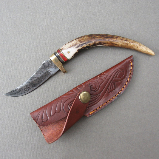 Stag Damascus Curved Tip Knife