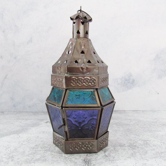 Purple and Teal Glass and Metal Lantern