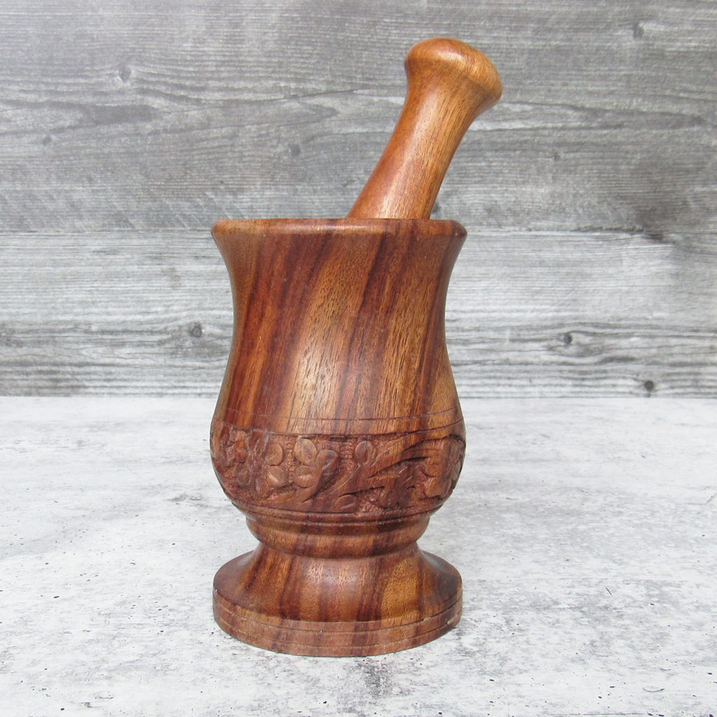 Floral Carved Wood Mortar and Pestle