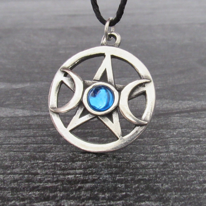 Triple Moon Pentagram Pendant with Gem (Blue)