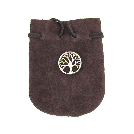 Suede Leather Pouch with Tree of Life Charm (Brown)