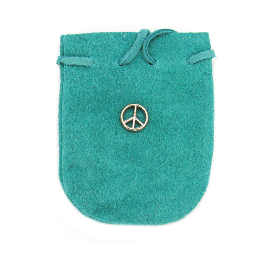 Suede Leather Pouch with Peace Sign Charm (Teal)