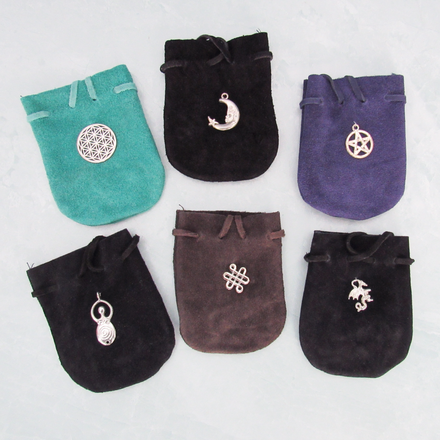 Suede Leather Pouch with Flower of Life Charm (Teal)