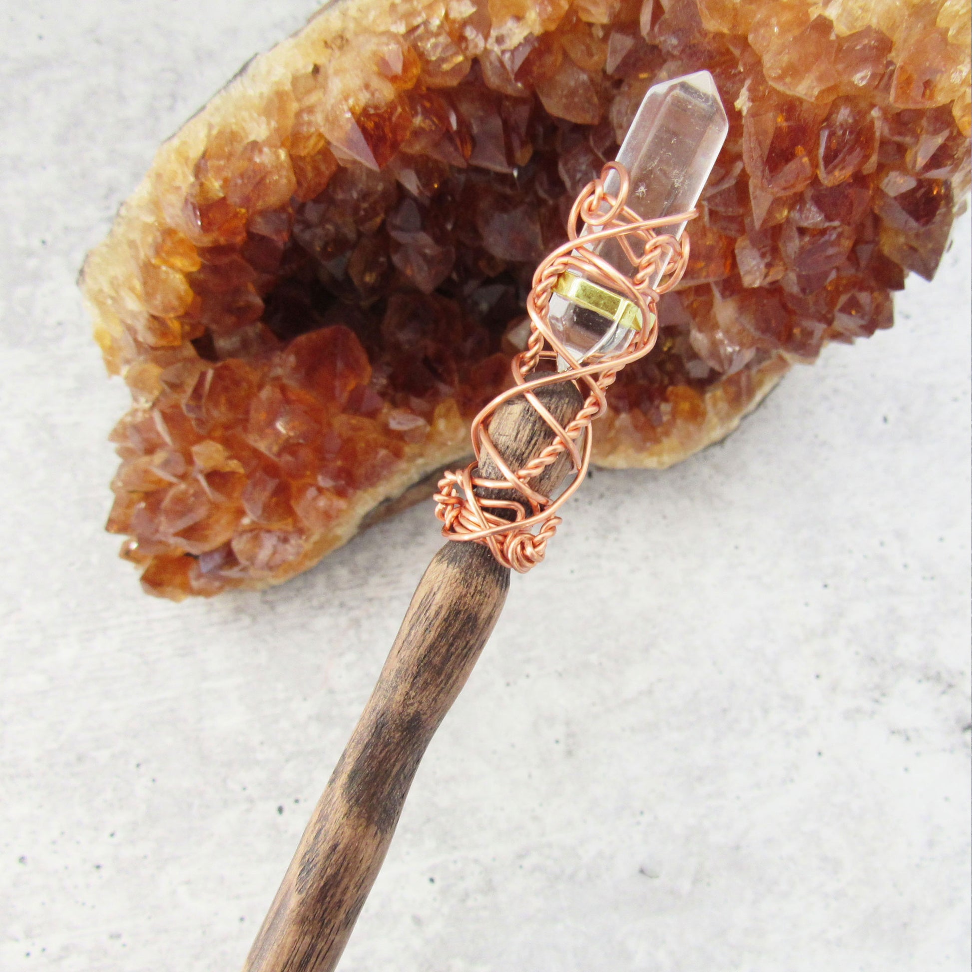 Clear Quartz and Red Oak Wand